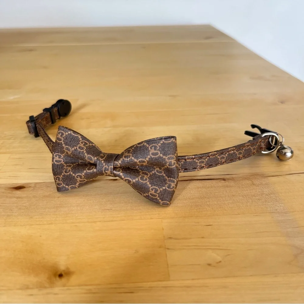 Cat Collar Lux Vegan Leather Bow Necklace Pet Brown Tan Bowtie